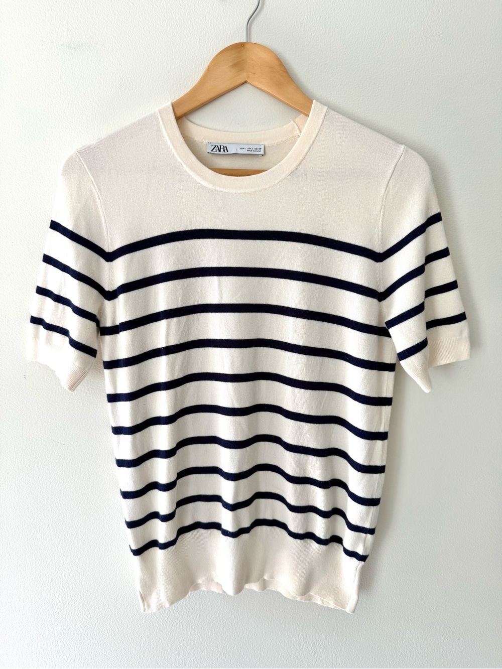 Zara Navy & Cream Striped Short Sleeve Knit Sweater - Size L Parisian Preppy